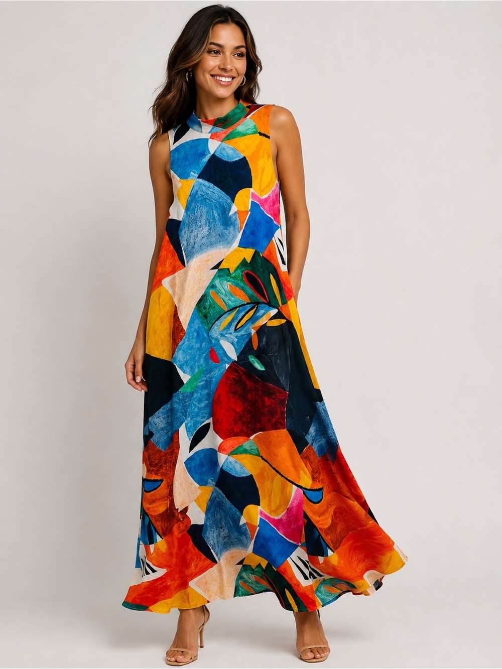 Nicole Miller Abstract Print Mock Neck Sleeveless Maxi Dress Multicolor Sz M - Picture 1 of 11
